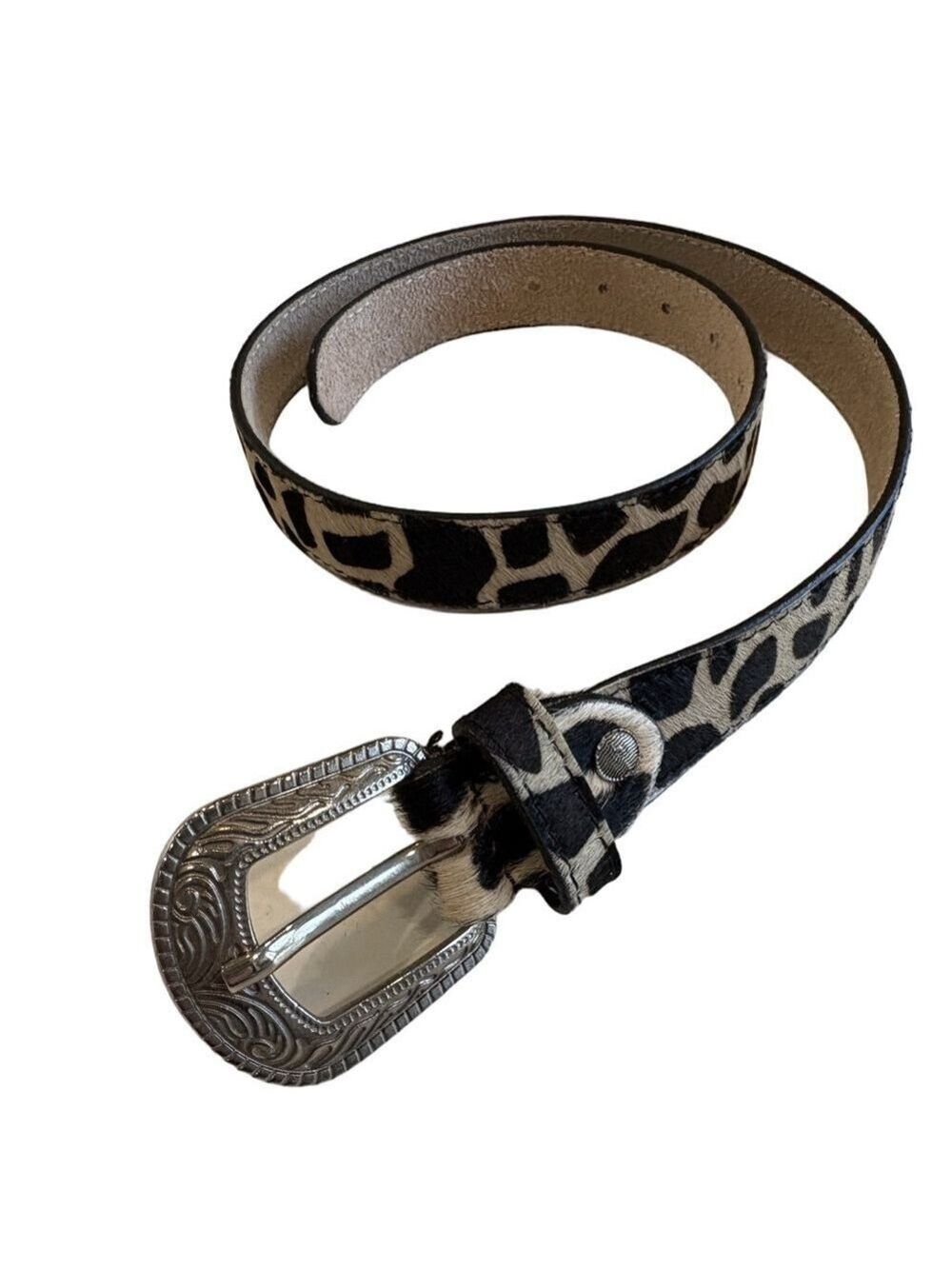 Leather cow hair animal print western belt. Silvertone buckle.  36” long